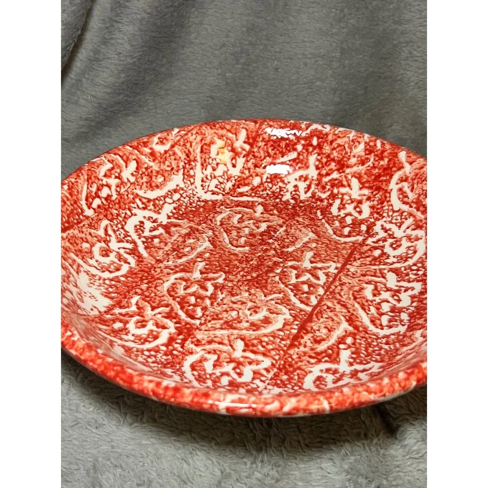 Batik Red Spongeware Salad Plates Set of 6 w/ Serving Bowl Italian Pottery 1992